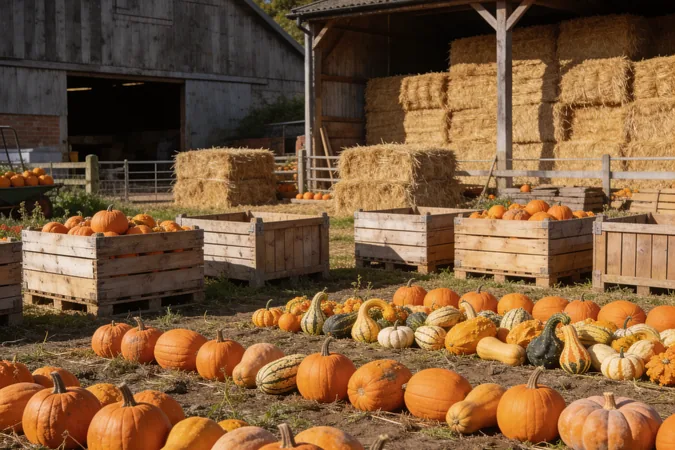 Pumpkin patch at a Surrey family farm in October — rows of orange pumpkins and gourds for Wizards and Witches Week at Bocketts