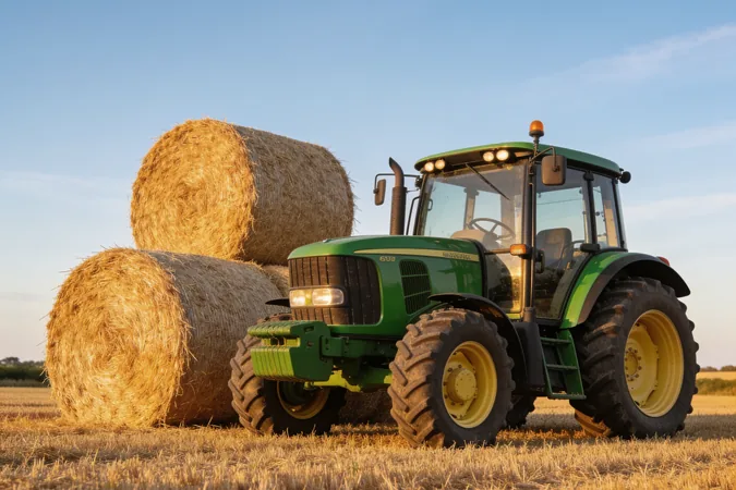 Tractor and hay bales at a Surrey farm in harvest season — farm activities and tractor rides at Bocketts Farm Park Leatherhead
