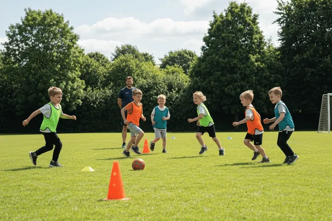 Children playing at a summer holiday sports club on a grass field in Surrey