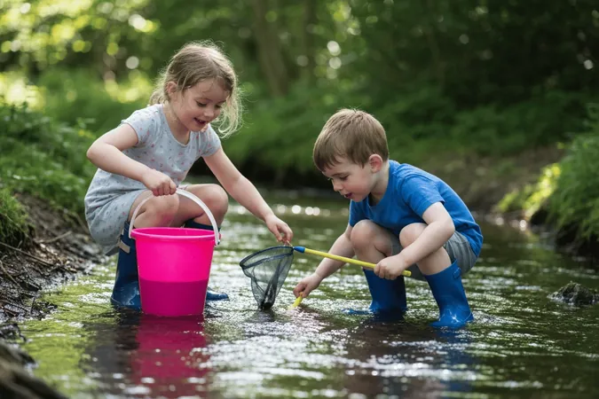 Children pond dipping in Surrey woodland during the summer holidays
