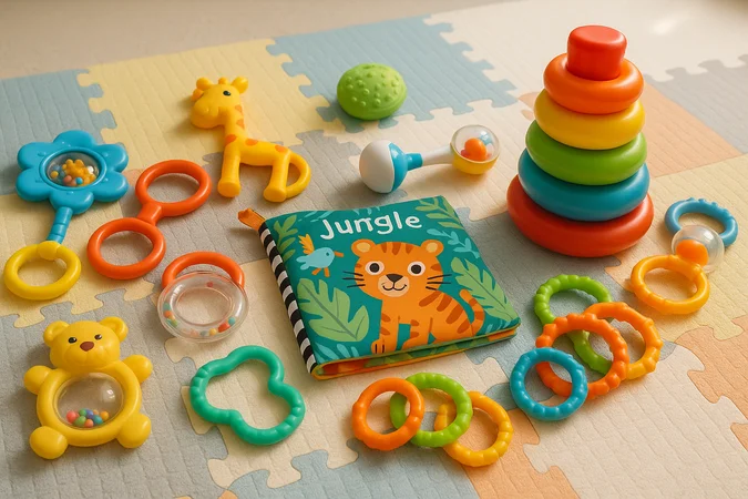 Colourful sensory baby toys on a foam mat including rattles, stacking rings and teething toys