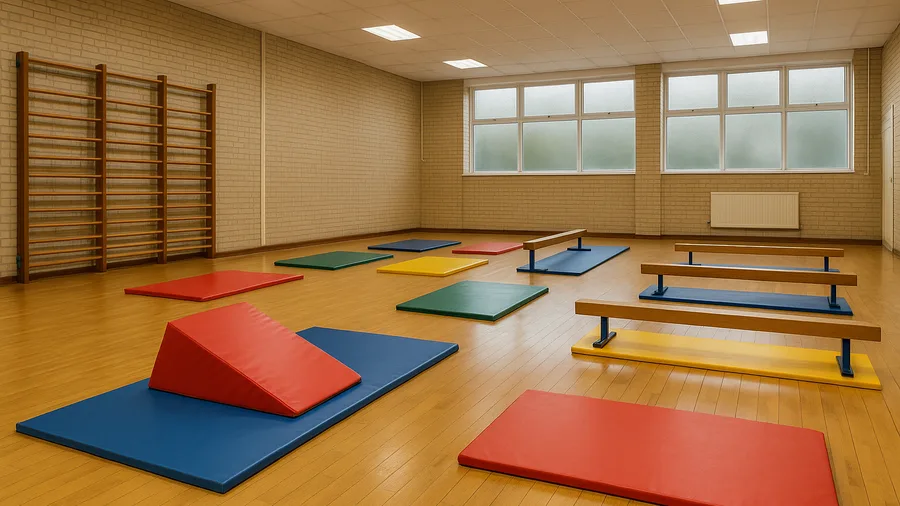 A school sports hall in Surrey set up for an after-school gymnastics club, coloured mats and low balance beams on a wooden floor, after school clubs Guildford, families and carers