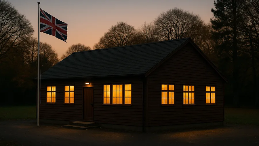 A wooden Scout hut in a Surrey village at dusk with warm light in the windows and a Union Flag on a pole outside, uniformed groups Guildford, families and carers