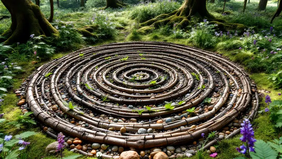 Surrey woodland clearing with a complete natural art spiral of sticks and stones β forest school holiday camp Surrey