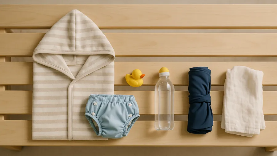 Rolled-up towels, a baby swim nappy, a small yellow rubber duck and a pair of baby swim goggles laid out ready for a Surrey baby swim class, baby swimming lessons kit, families