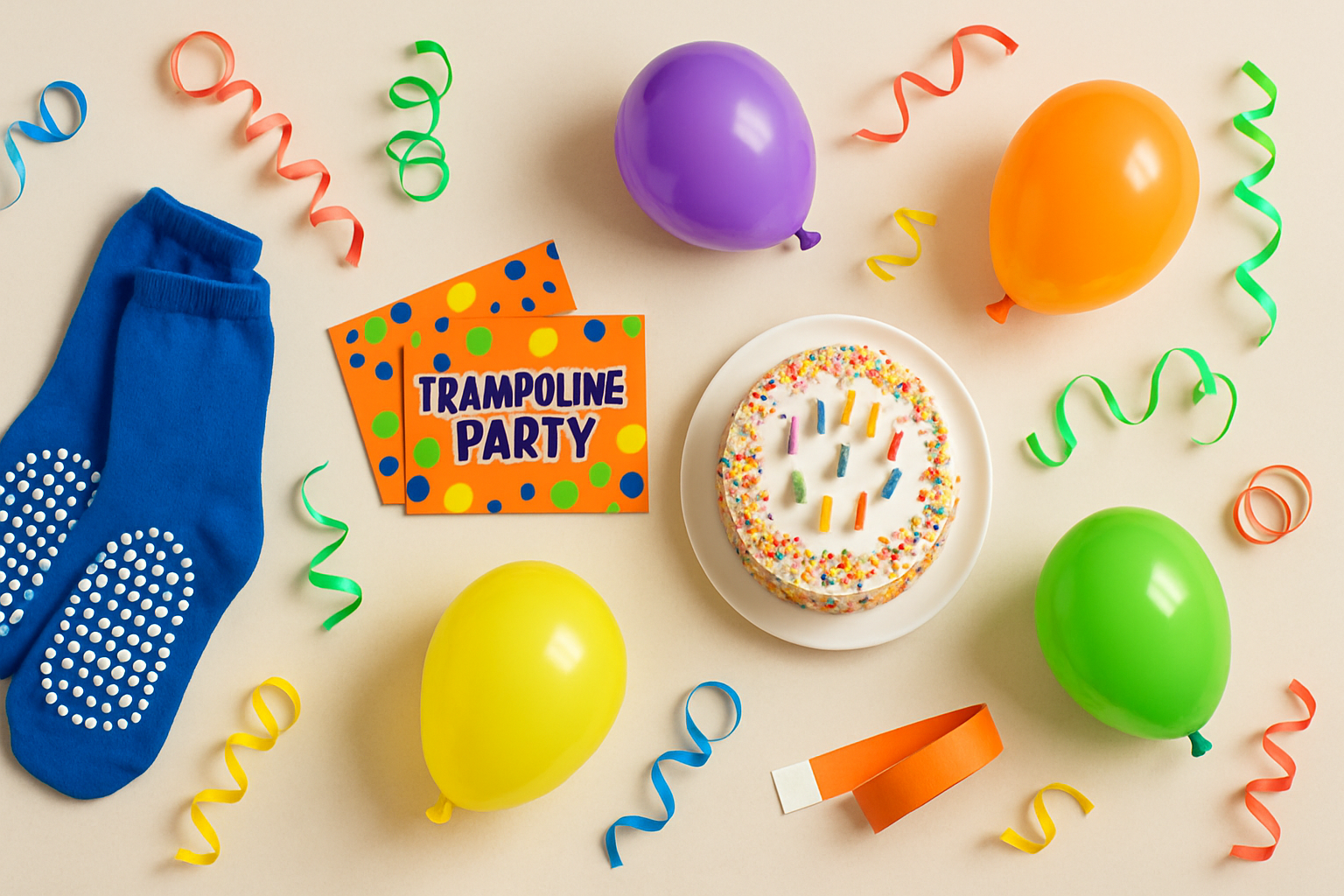 Children's birthday party items including grip socks, a balloon and party invitations arranged on a table, trampoline park birthday party Surrey