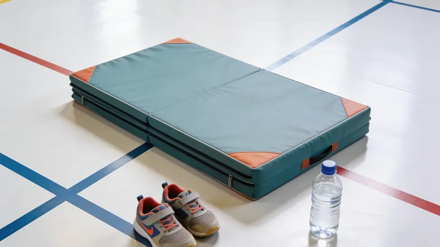 Children's activity equipment including a gymnastics mat, small trainers and a water bottle in a Surrey sports hall, illustrating children's activities Surrey