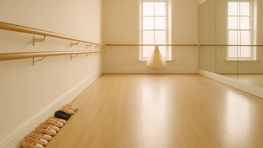 Empty ballet studio in Surrey with mirrored wall, ballet barre and pink slippers on a polished wooden floor, ballet dance classes for children in Surrey, parents and families