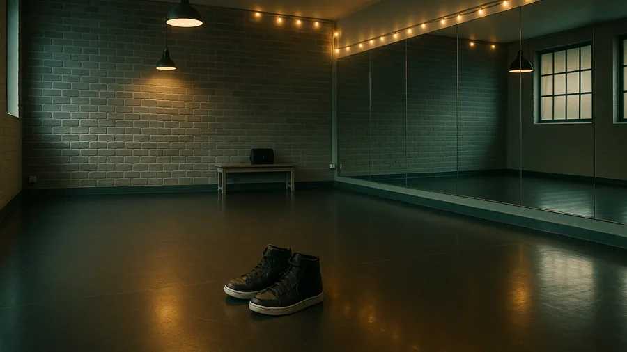 Empty urban style street dance studio in Surrey with brick wall, mirrored wall and black high top trainers on the floor, street dance classes for children in Surrey