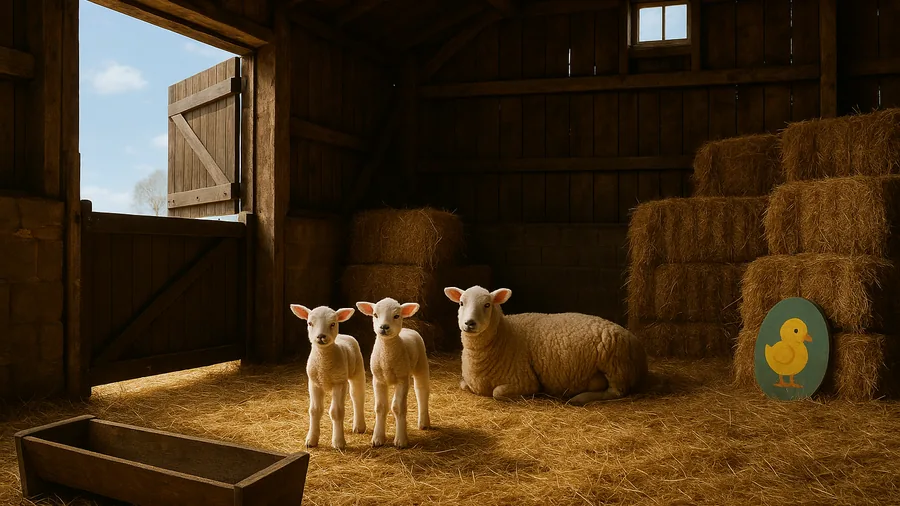 Two young lambs on fresh straw inside a Surrey farm park barn at Easter, Easter egg hunt Surrey, families