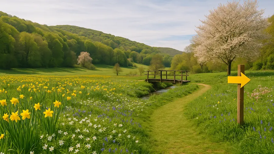 Spring Surrey parkland with a mown path through daffodils and bluebells, Easter egg hunt Surrey, families