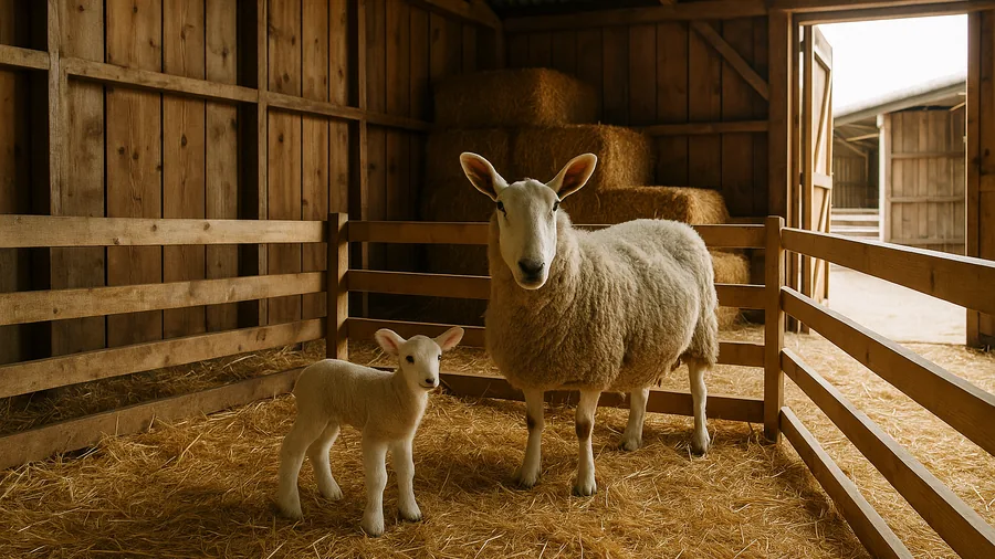 Newborn lamb standing beside a ewe in a straw-lined indoor barn on a Surrey family farm at Easter, things to do at Easter with kids in Surrey, families