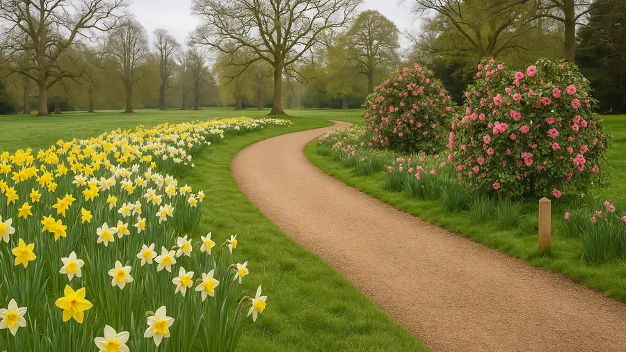 Curving garden path lined with yellow daffodils and pink camellias at a National Trust property in Surrey during Easter, things to do at Easter with kids in Surrey, families