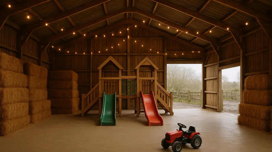 Indoor farm play barn with wooden climbing frame and hay bales in winter, half term activities Surrey, families