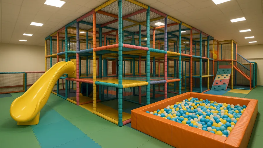 Bright indoor soft play centre with multi-level padded frame, half term activities Surrey, families