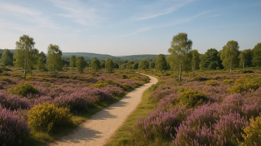 Surrey lowland heath with purple heather, silver birch trees and a sandy footpath curving into the distance, free country parks Surrey, families