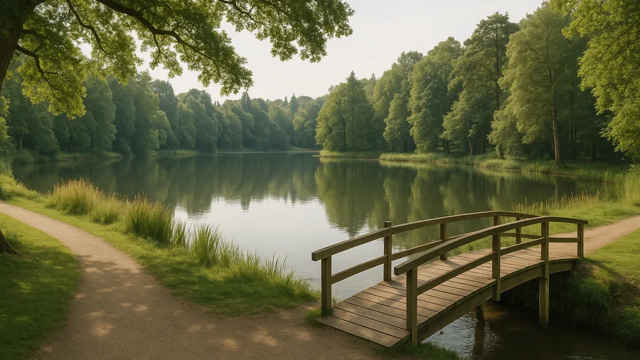 A calm Surrey country park lake with a wooden footbridge, reeds and mature woodland reflected in the water, free lake walks Surrey, families