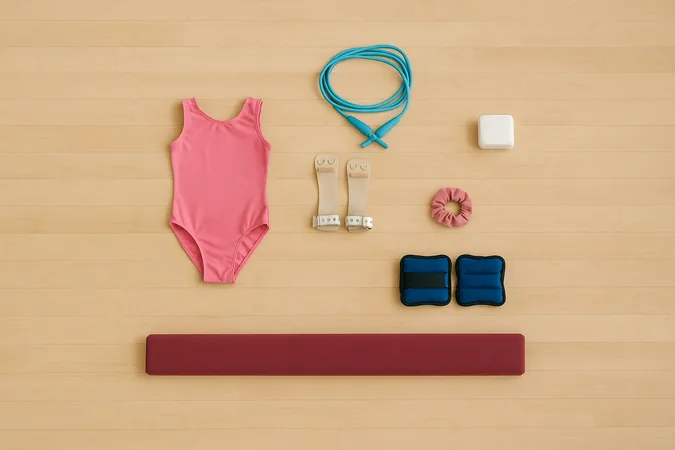 Overhead flat-lay of children's gymnastics equipment on a wooden sports hall floor, gymnastics classes for children in Surrey, guide for parents and carers