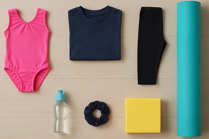An overhead flat lay of toddler gymnastics kit laid out on a wooden floor including a leotard, fitted t-shirt, leggings, water bottle and rolled gym mat, toddler gymnastics Surrey, for parents packing a class bag.