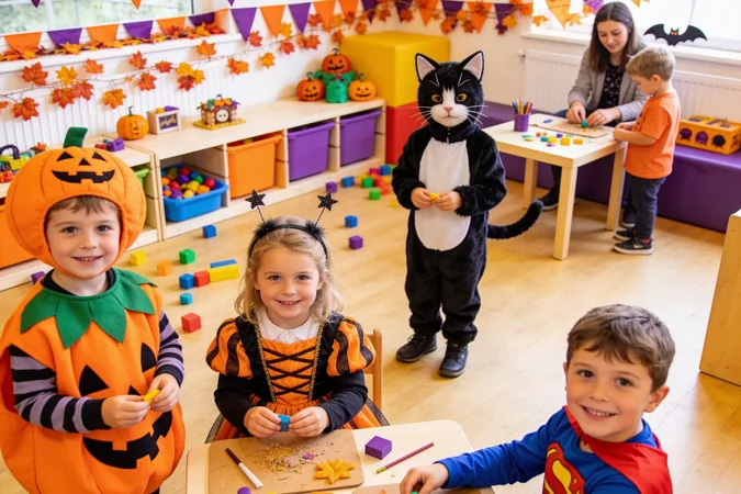 Indoor children's activity setup with Halloween decorations for a rainy day session, indoor Halloween activities Surrey, families