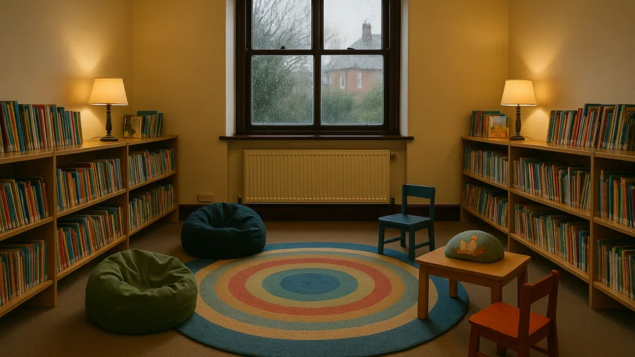 Cosy children's section of a Surrey public library on a rainy afternoon, free rainy day activities for children in Surrey, families with young children