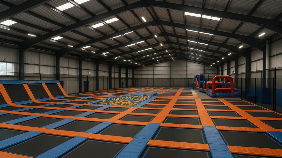 Empty indoor trampoline park hall in Surrey ready for a session, rainy day activities for children in Surrey, families with school-age children