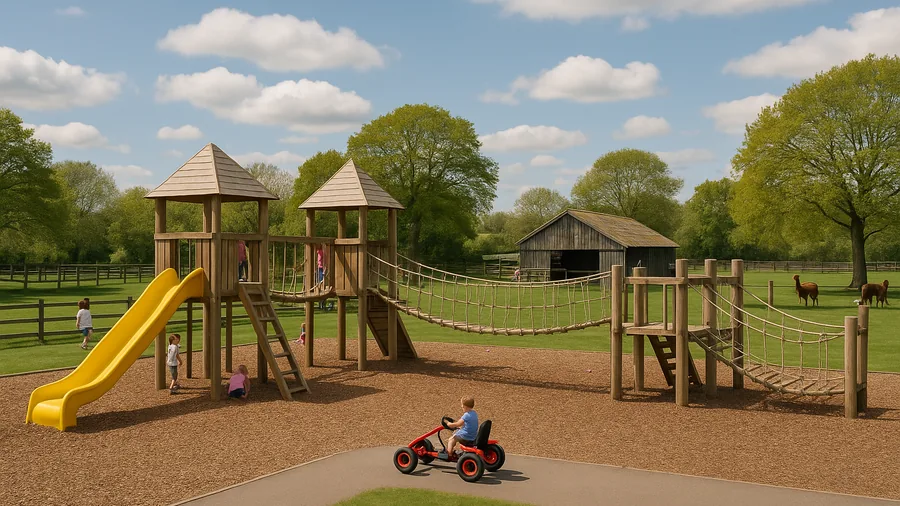Surrey farm park outdoor play area with wooden climbing frame, alpaca paddock and slide on a bright late-May day, may half term activities Surrey, families