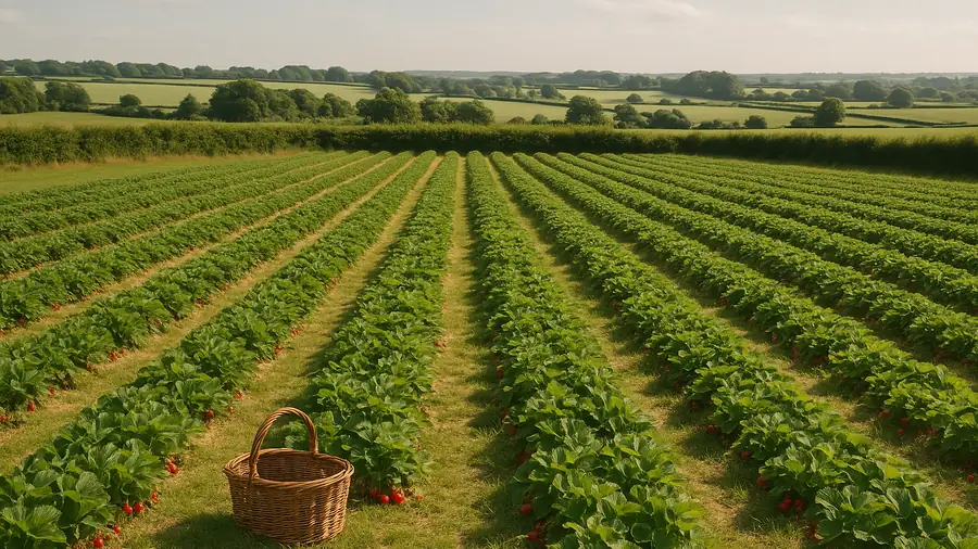 Rows of strawberries in a UK pick-your-own field in late May with a wicker basket on the grass path, may half term activities Surrey, families