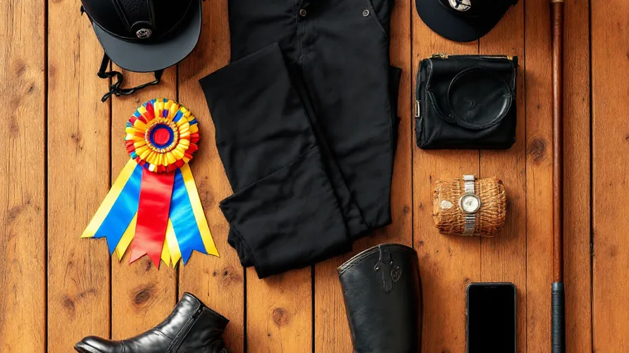 Complete horse riding equipment set laid out on a stable yard — helmet, jodhpurs, boots and rosette all fully visible, equestrian holiday camp Surrey