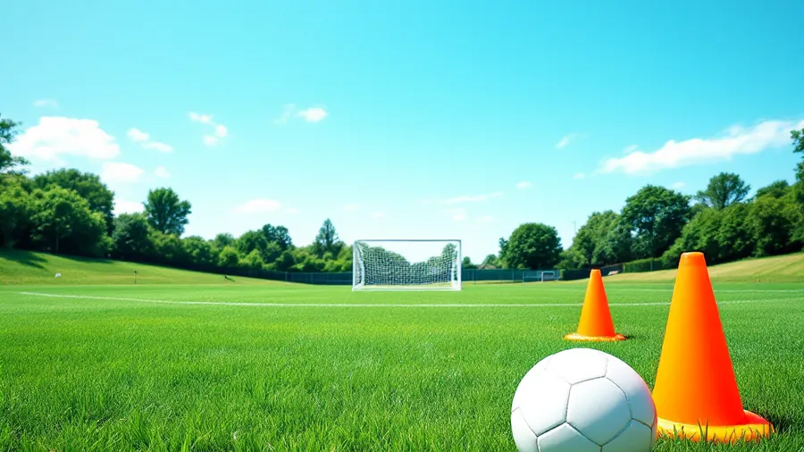 White football and orange training cones on a green Surrey pitch with a portable goal in background — football holiday camps Surrey