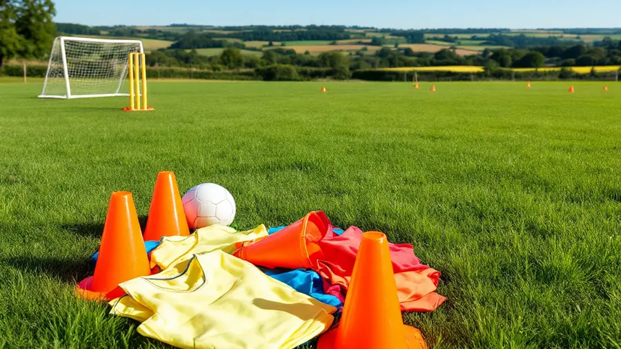 Multi-sport holiday camp equipment on a Surrey school sports field — orange cones, bibs, football and cricket stumps on green grass