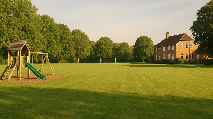 Wide view of a Surrey school playing field on a summer morning, wooden climbing equipment and a football goal in the distance, summer holiday camps in Surrey 2027, families