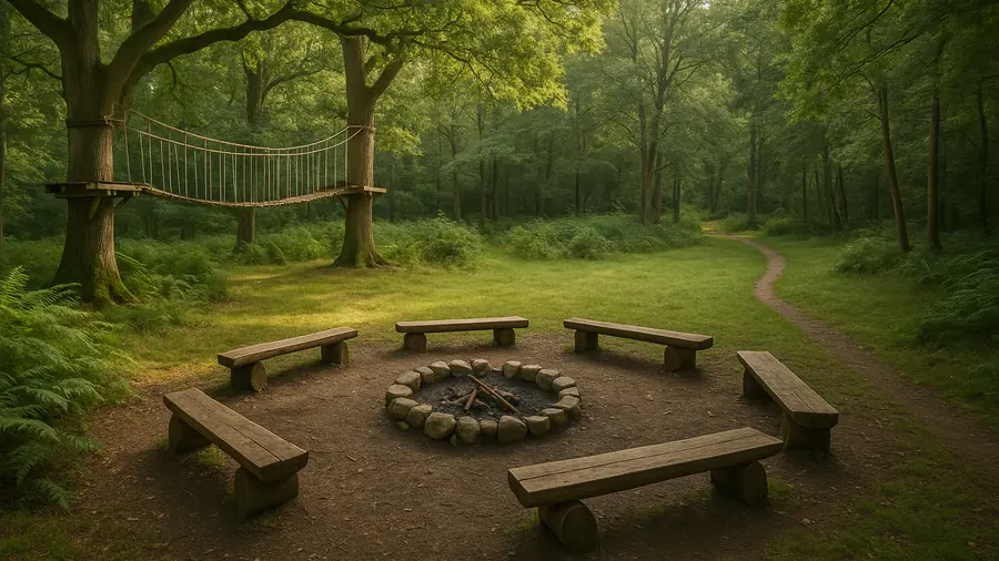 Wide view of a Surrey forest clearing with an outdoor camp fire pit and a rope-bridge activity structure in the background, forest school summer camps Surrey 2027, families