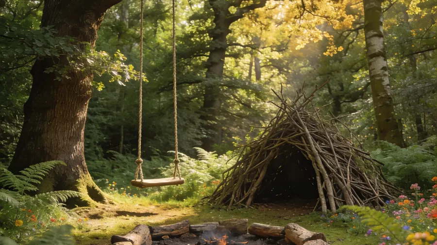 Surrey woodland with campfire ring and rope swing — outdoor forest school holiday camp in the Surrey Hills