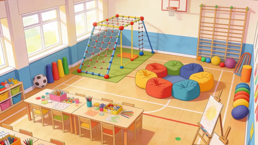 Indoor multi-activity holiday camp space with craft tables, sports equipment and climbing frame — typical Surrey day camp setup