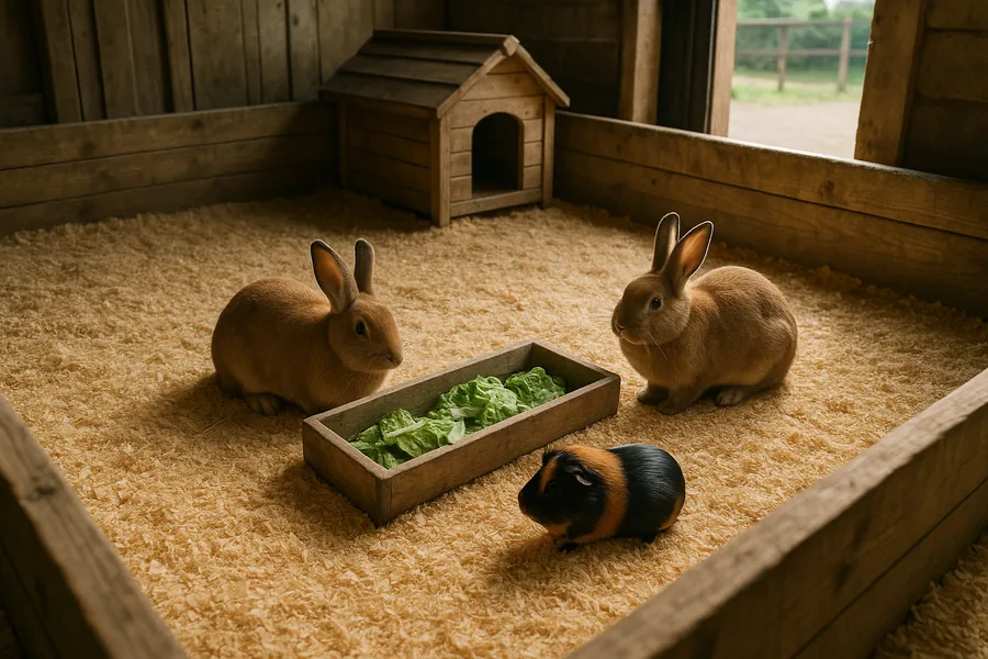 Rabbits and guinea pigs in a wooden petting pen at a Surrey family farm, family farms Surrey small animal encounters, families with young children