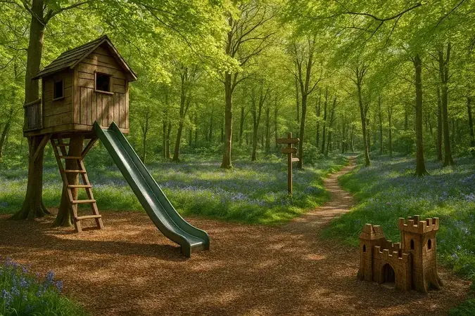Wooden treehouse and slide on a woodland nature trail at a Surrey family farm play park, family farms Surrey outdoor play, pre-schoolers and early primary children