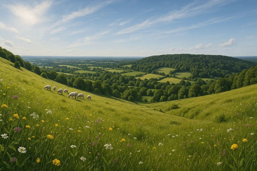 Panoramic view over Surrey Hills chalk grassland with grazing sheep, National Trust Denbies Hillside near Dorking, free outdoor family days out Surrey