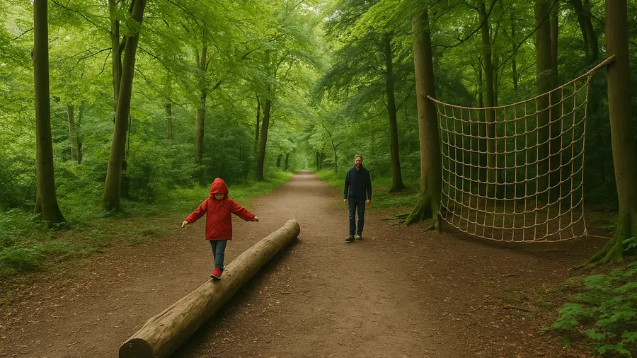 Woodland natural play trail with log balance beam on a Surrey Hills family walk, family walks Surrey