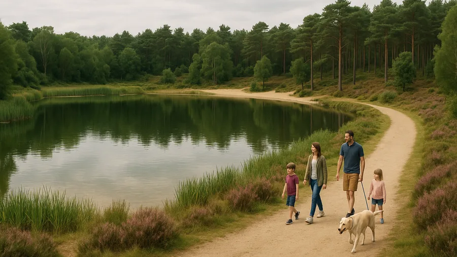Family walking around a Surrey heathland pond with a Labrador on a lead, family walks Surrey buggy-friendly route