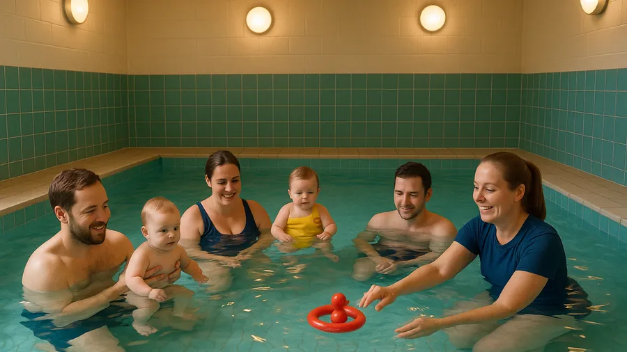 Warm indoor baby swimming class at a Surrey learn-to-swim pool, parents holding babies in the water with a teacher guiding a floating ring, baby swimming lessons Surrey