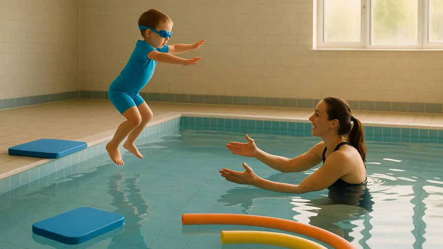 Preschool child in swimsuit and goggles at the edge of a warm indoor pool, preparing to jump towards a swim teacher waiting with open arms, swimming lessons Surrey