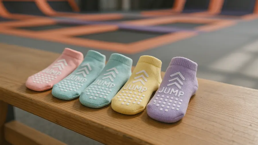 Trampoline grip socks lined up at a UK indoor trampoline park, ready for a toddler session