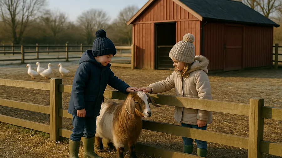 Two children in wellies and bobble hats stroking a goat at a Surrey farm park on a bright February morning, valentines activities children in Surrey, families