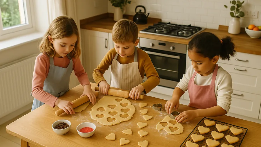 Primary-school children rolling out biscuit dough and cutting heart-shaped cookies at a Surrey Valentine's family cookery workshop, valentines activities children in Surrey, families