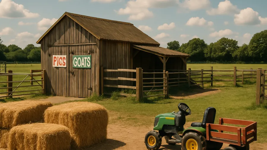 Surrey family farm park with a wooden barn, hay bales and a small tractor ride, paid family attractions Surrey, parents and carers