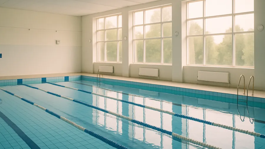 Indoor leisure centre swimming pool with lane ropes and natural daylight, wet weather options Surrey summer holidays, families